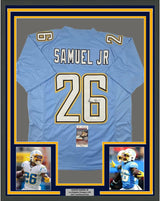 Camiseta de fútbol azul claro de Los Ángeles LA enmarcada, autografiada y firmada por Asante Samuel Jr., 35 x 39, JSA COA