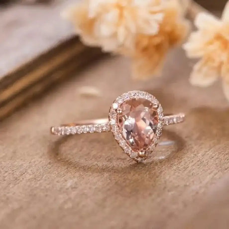 European And American 18K Rose Gold Plated Inlaid Pink Crystal Water Drop Pear-shaped Ring - Lootquake