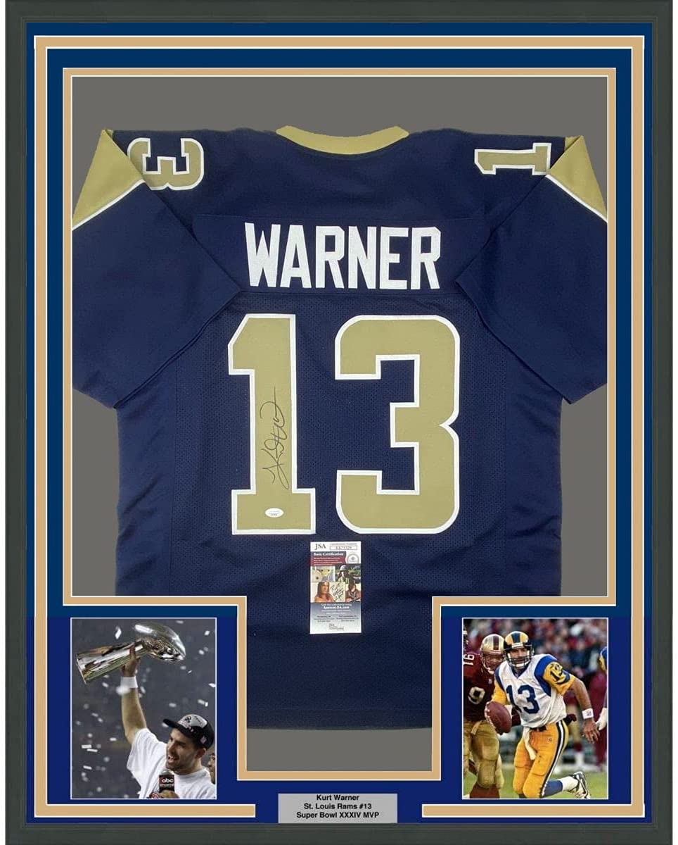 Camiseta de fútbol azul oscuro de San Luis, enmarcada, autografiada y firmada por Kurt Warner, 35 x 39, JSA COA
