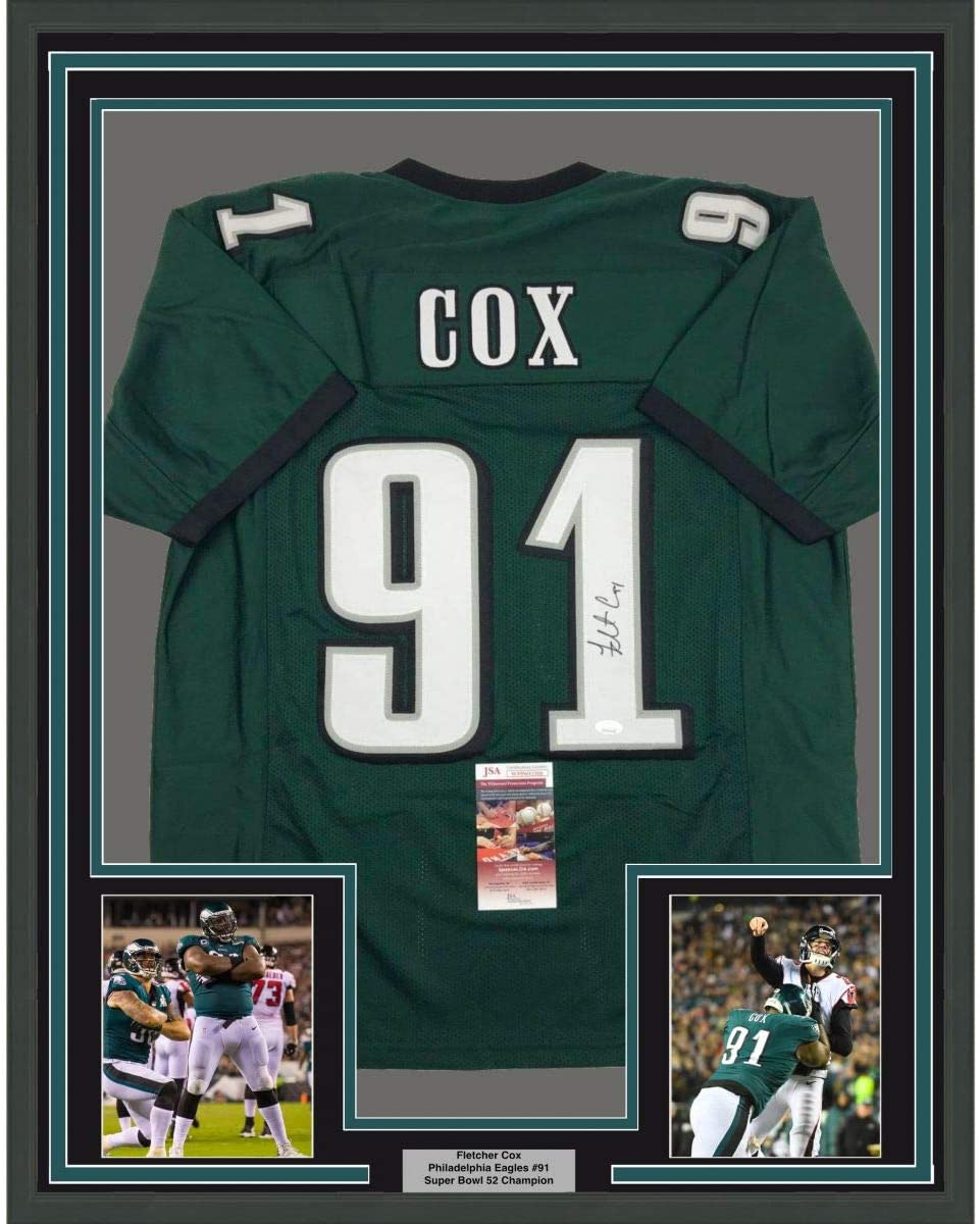 Camiseta de fútbol americano verde de Filadelfia de Fletcher Cox, enmarcada, autografiada y firmada, 35 x 39, JSA COA
