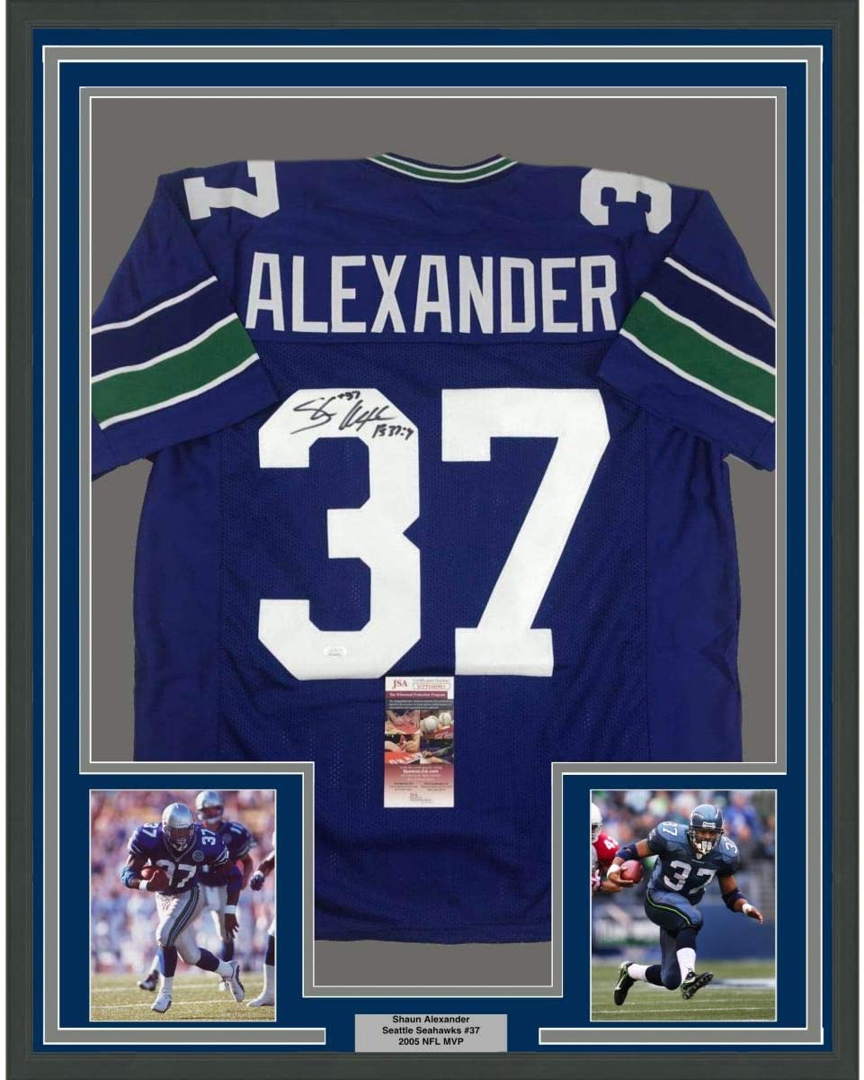 Framed Autographed/Signed Shaun Alexander 35x39 Seattle Blue Football Jersey JSA COA