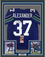 Framed Autographed/Signed Shaun Alexander 35x39 Seattle Blue Football Jersey JSA COA