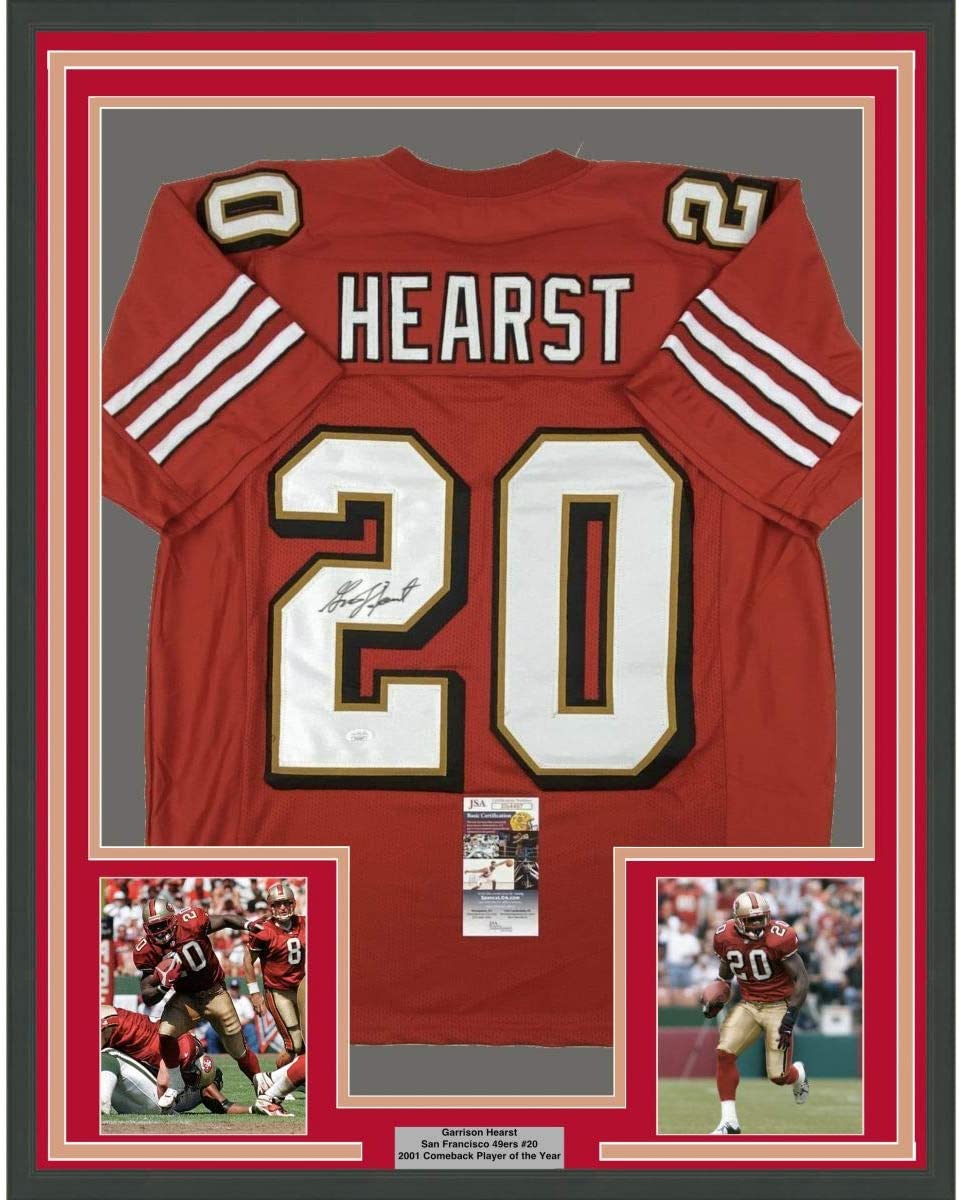 Camiseta de fútbol americano Garrison Hearst, roja de San Francisco, enmarcada, autografiada y firmada, 35 x 39, JSA COA