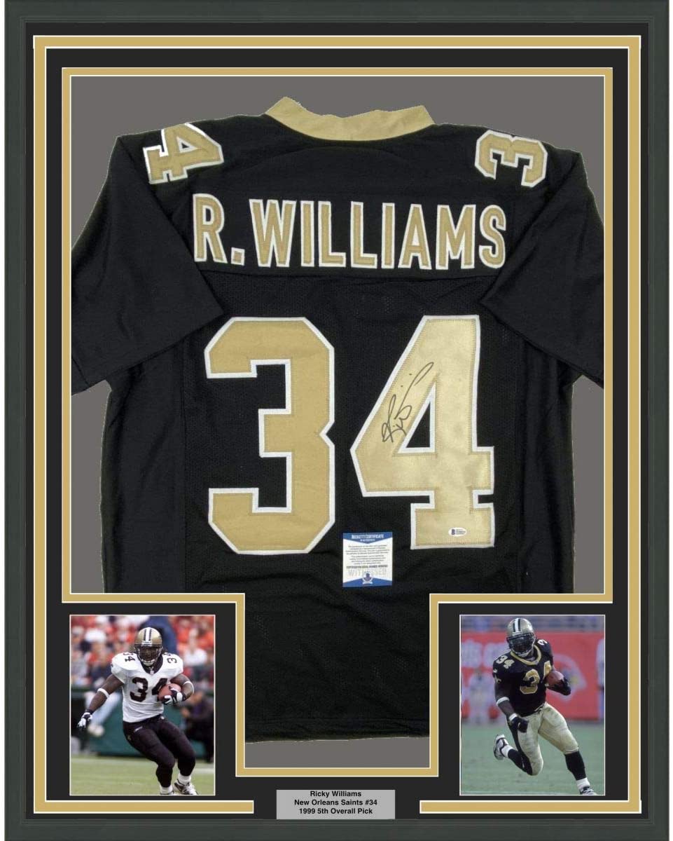 Camiseta de fútbol negra de Nueva Orleans, enmarcada, autografiada y firmada por Ricky Williams, 35 x 39, Beckett BAS COA