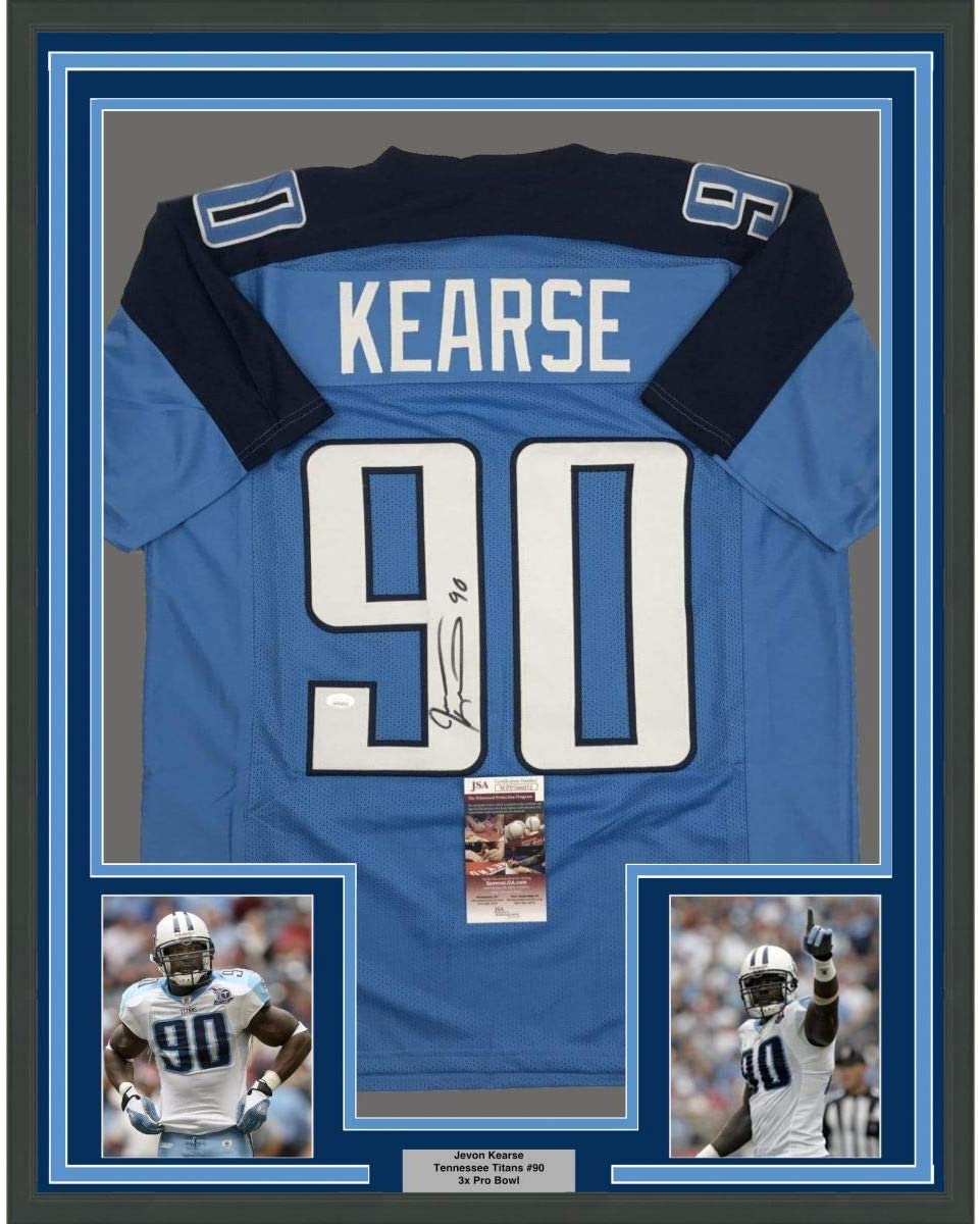 Camiseta de fútbol americano azul claro de Tennessee, enmarcada, autografiada y firmada por Jevon Kearse, 35 x 39, JSA COA