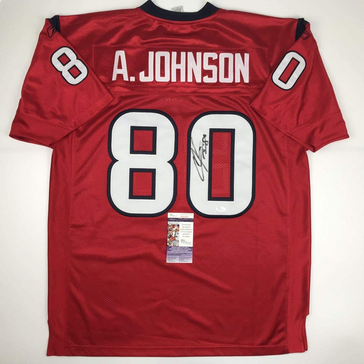 Camiseta de fútbol americano roja de los Houston Texans autografiada/firmada por Andre Johnson (JSA COA)