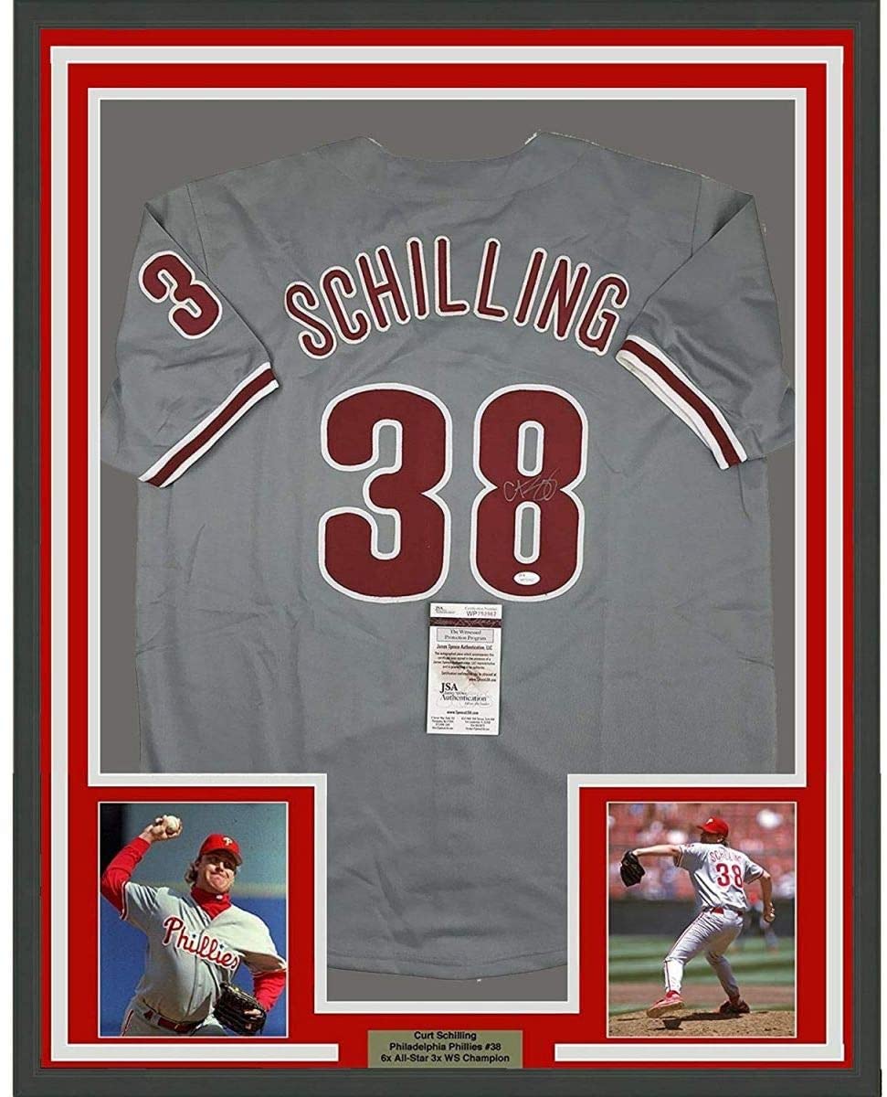Camiseta de béisbol gris Filadelfia de 35 x 39, enmarcada, autografiada y firmada por Curt Schilling (JSA COA)