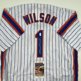 Autographed/Signed Mookie Wilson New York Pinstripe Baseball Jersey JSA COA