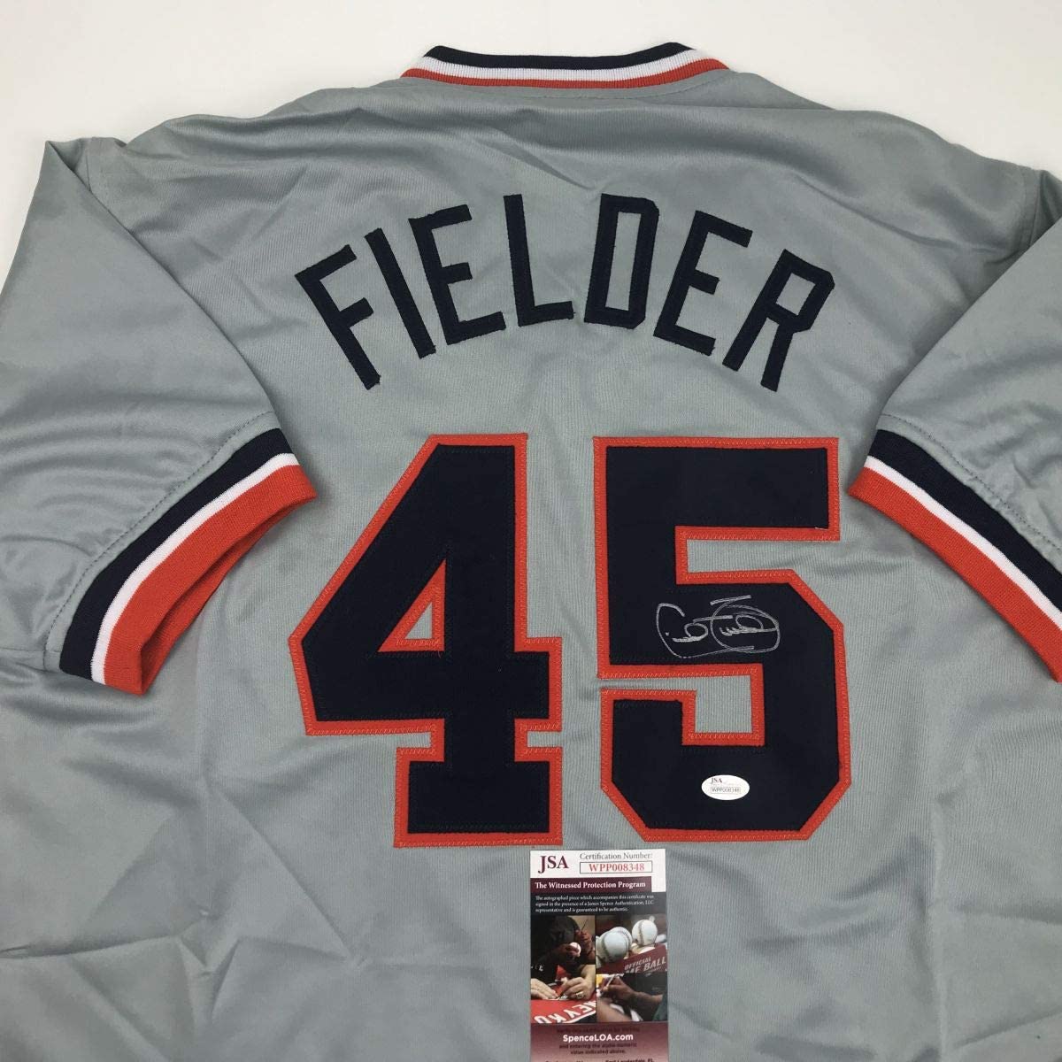 Camiseta de béisbol gris de Detroit autografiada/firmada por Cecil Fielder (JSA COA)