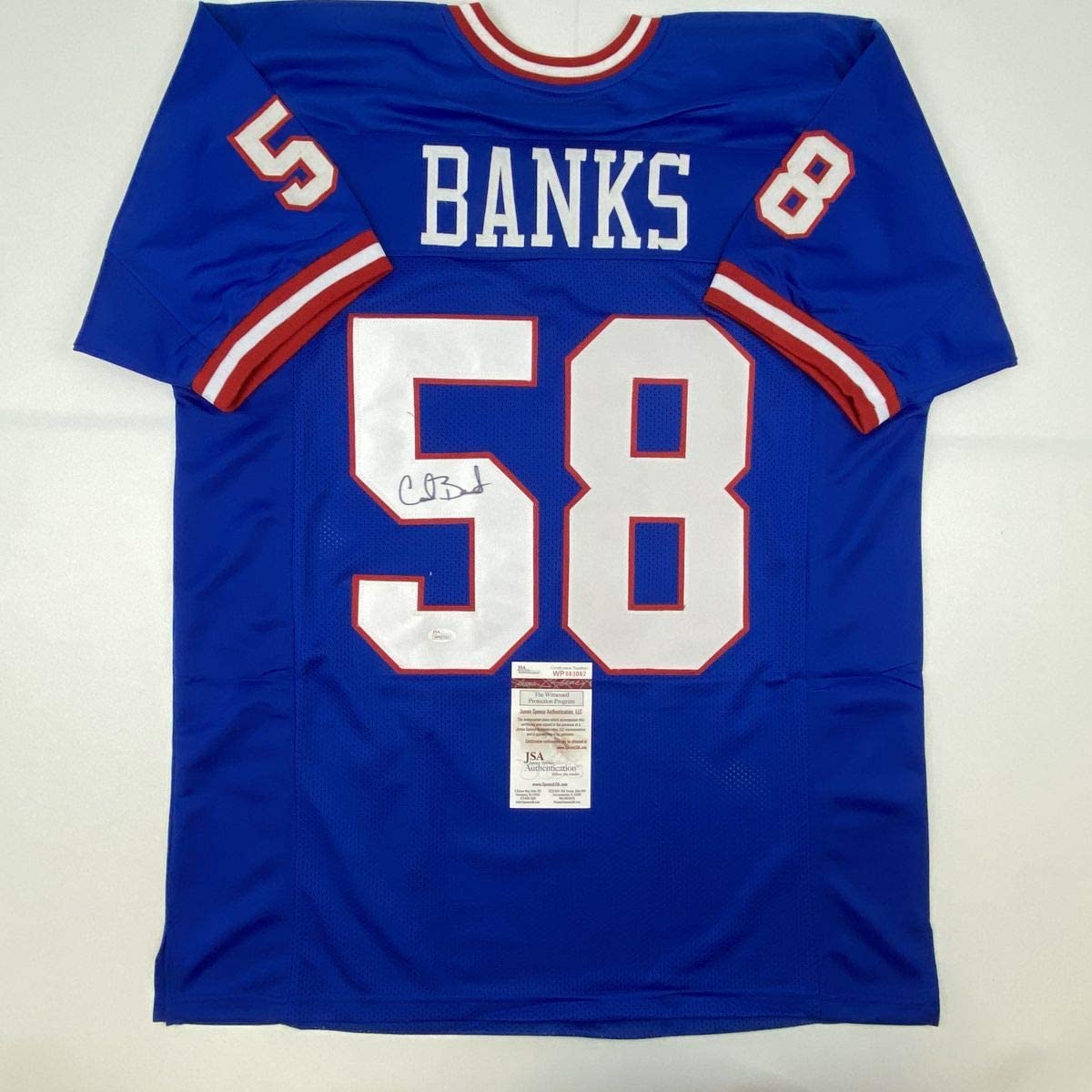 Camiseta de fútbol azul de Nueva York autografiada/firmada por Carl Banks (JSA COA)