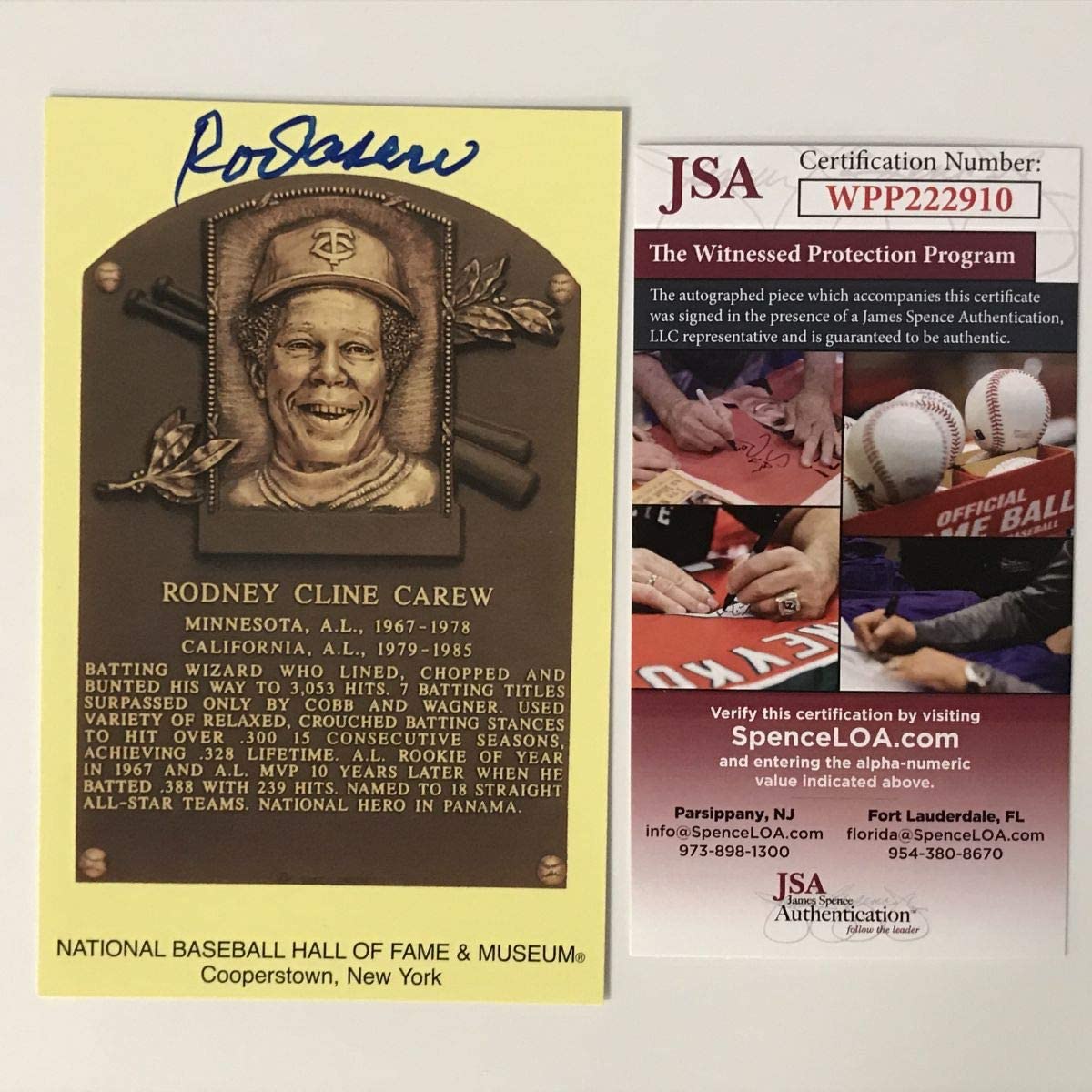 Postal autografiada/firmada por Rod Carew, Salón de la Fama del Béisbol, JSA COA