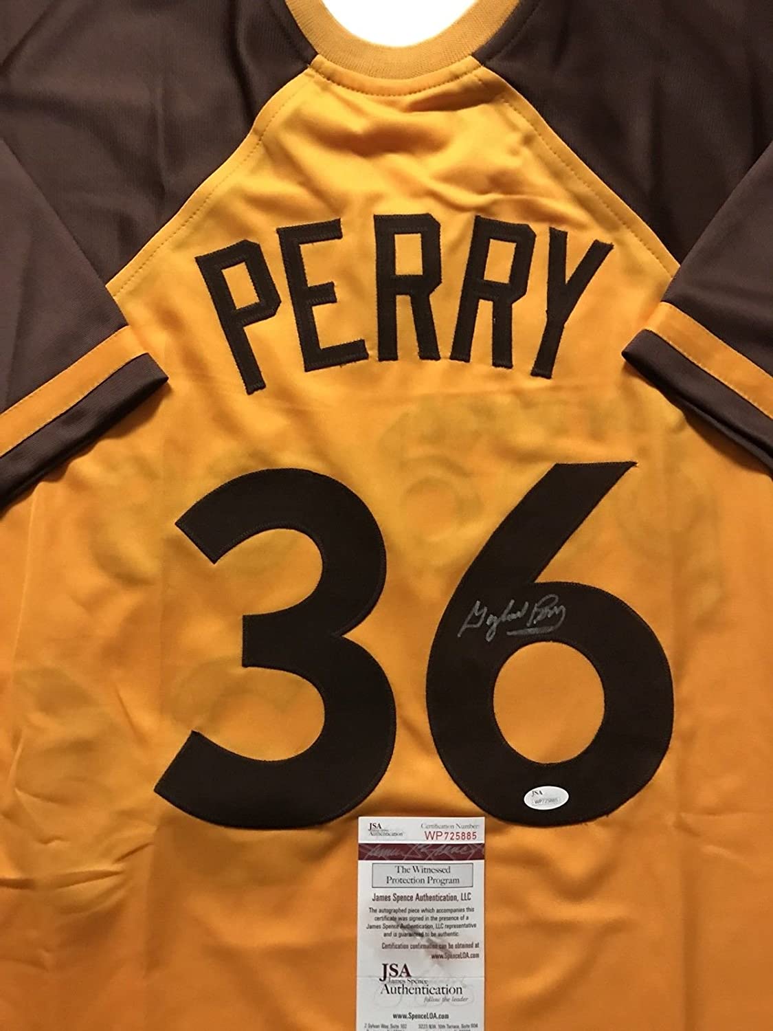 Camiseta de béisbol retro amarilla de San Diego de Gaylord Perry autografiada y firmada por JSA COA