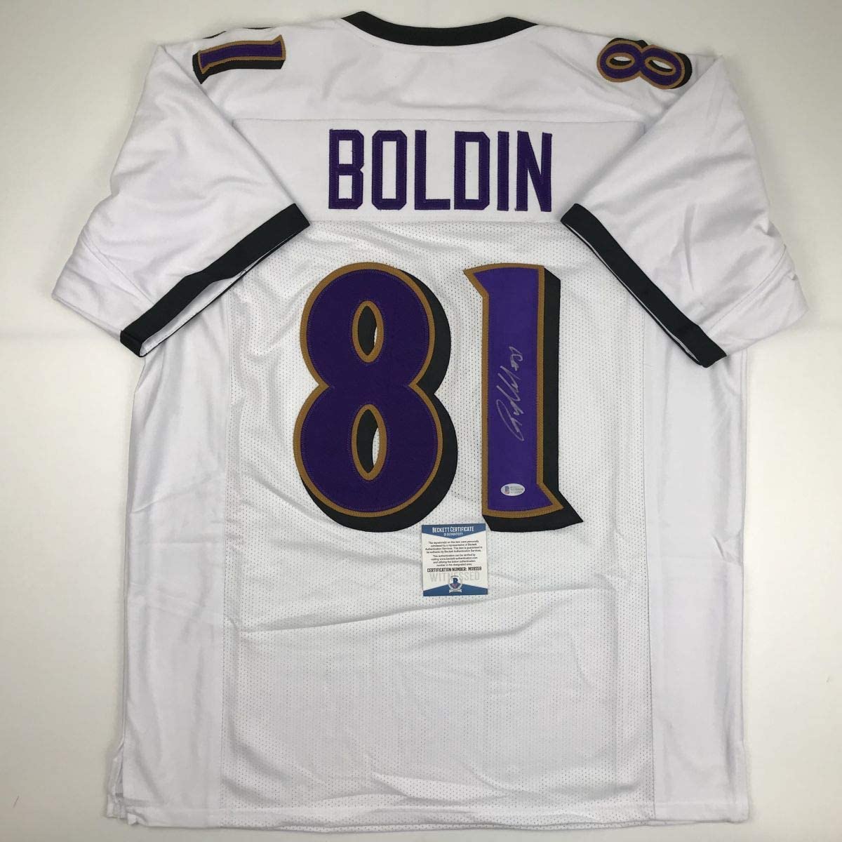 Camiseta de fútbol blanca de Baltimore de Anquan Boldin autografiada/firmada Beckett BAS COA