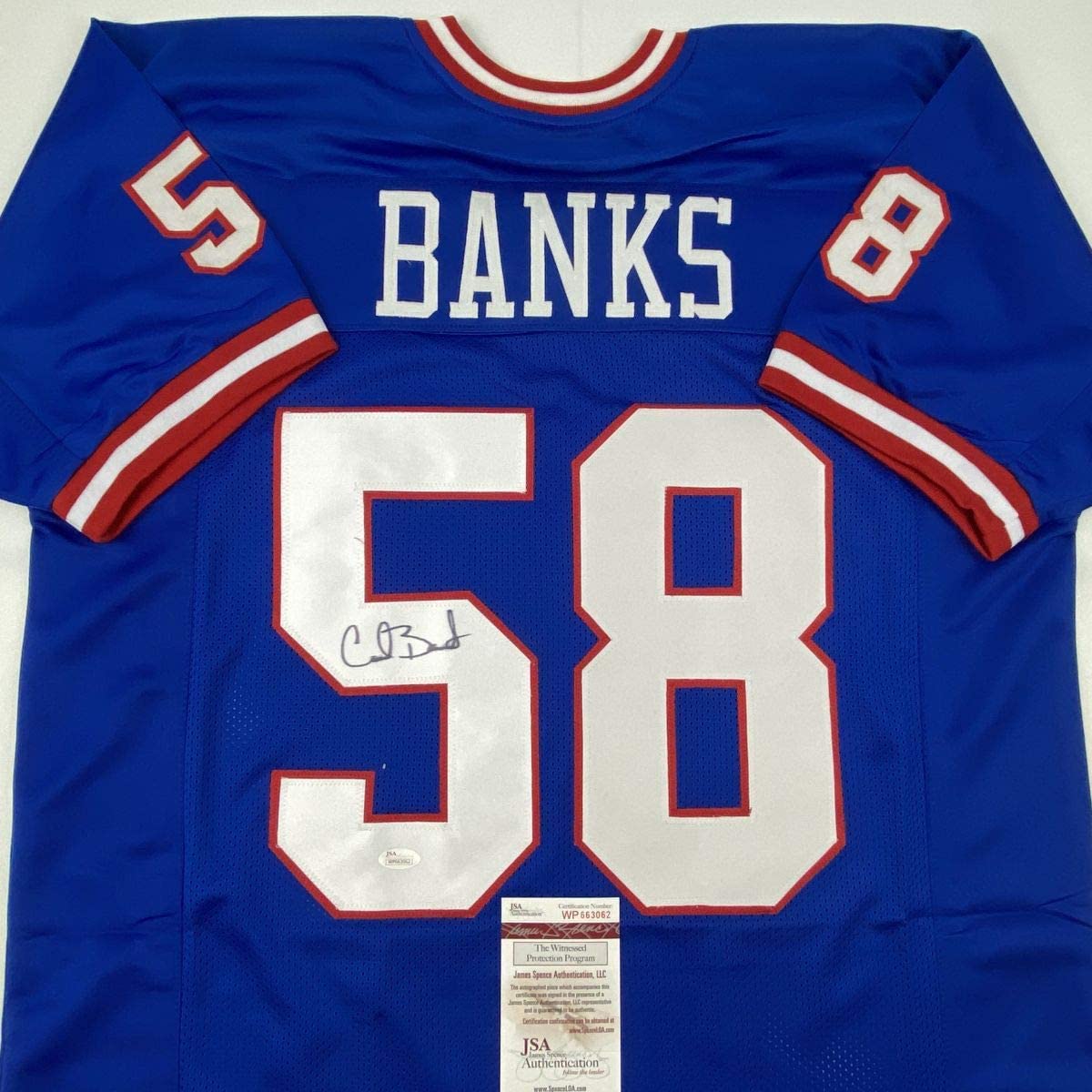 Camiseta de fútbol azul de Nueva York autografiada/firmada por Carl Banks (JSA COA)