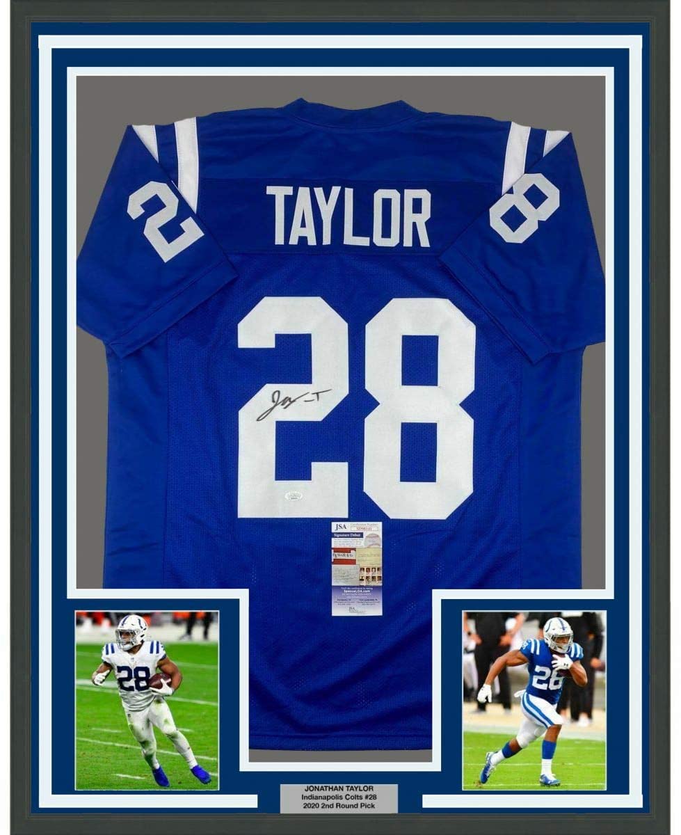 Camiseta de fútbol azul de Indianápolis de 35 x 39, enmarcada, autografiada y firmada por Jonathan Taylor (JSA COA)