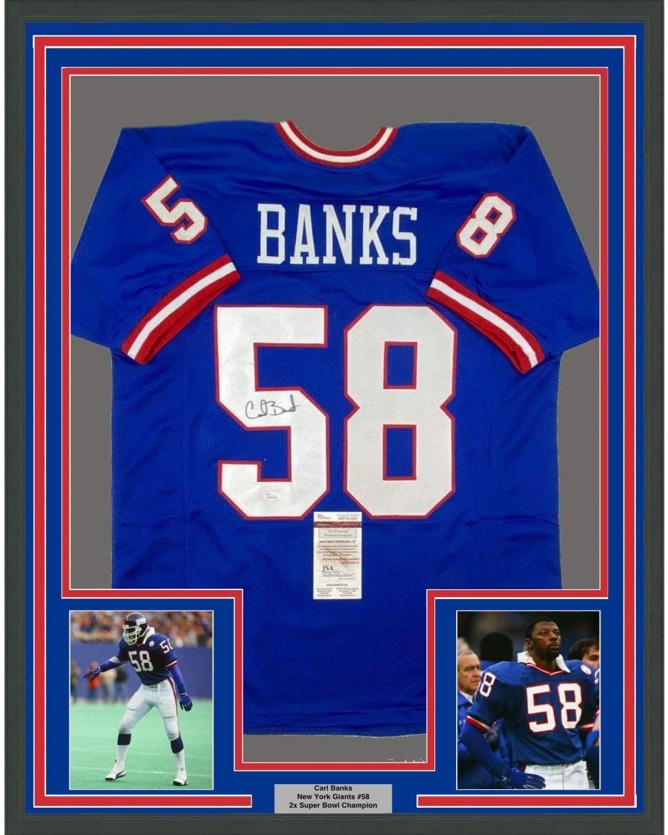 Camiseta de fútbol azul de Nueva York de 35 x 39, enmarcada, autografiada y firmada por Carl Banks (JSA COA)