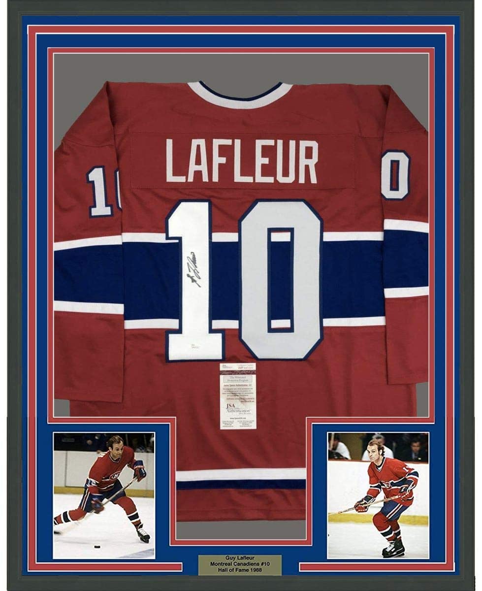 Camiseta de hockey roja de Montreal, enmarcada, autografiada y firmada por Guy LaFleur, 35 x 39, JSA COA
