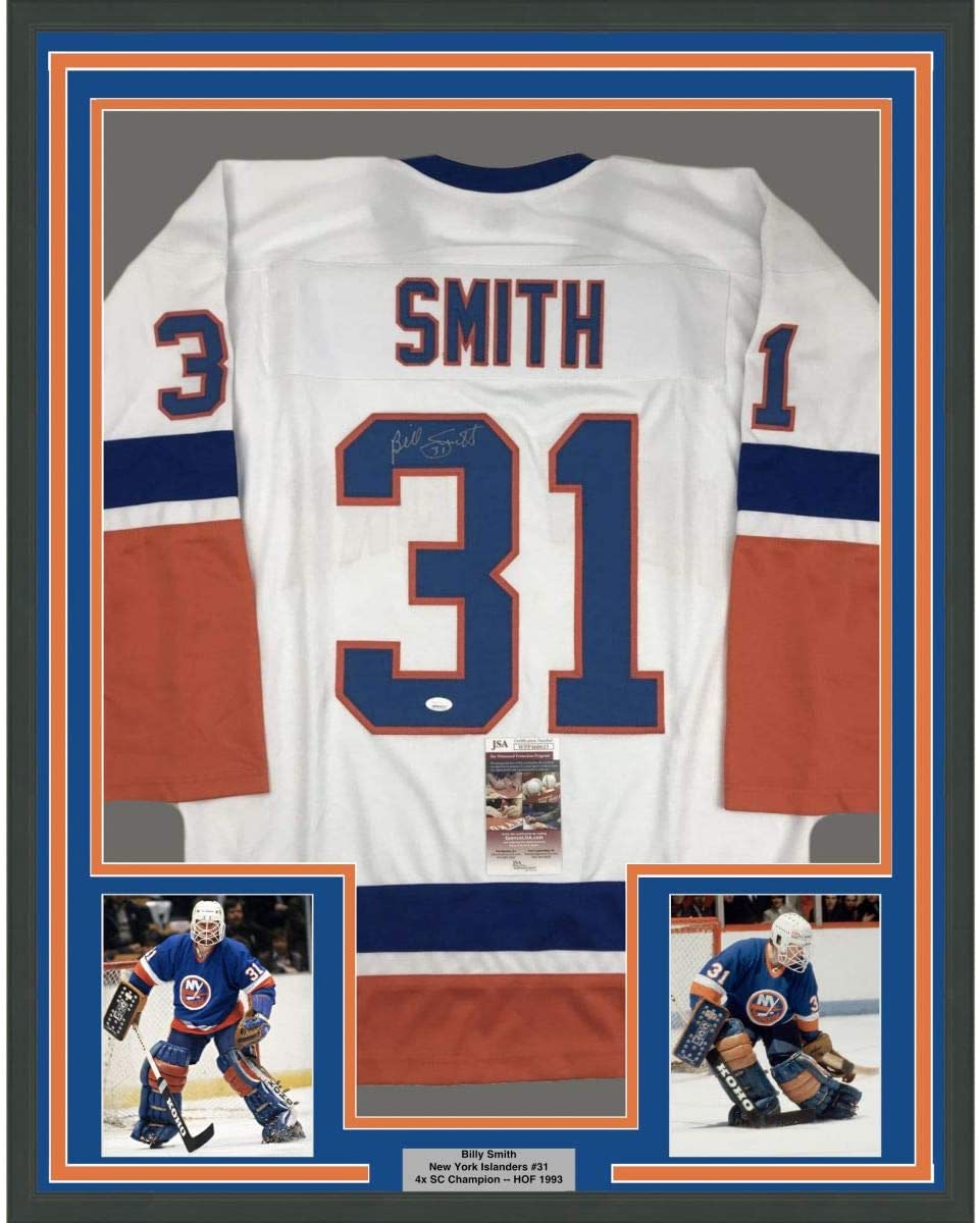 Camiseta de hockey blanca de Nueva York, enmarcada, autografiada y firmada por Billy Smith, 35 x 39, JSA COA