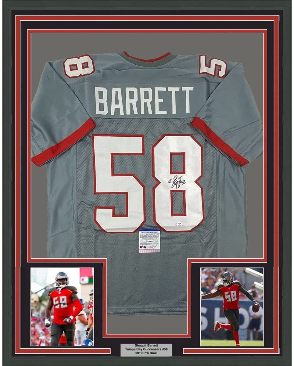 Camiseta de fútbol americano enmarcada, autografiada y firmada por Shaquil Shaq Barrett, 35 x 39, gris peltre de Tampa Bay, PSA/Certificado de ADN