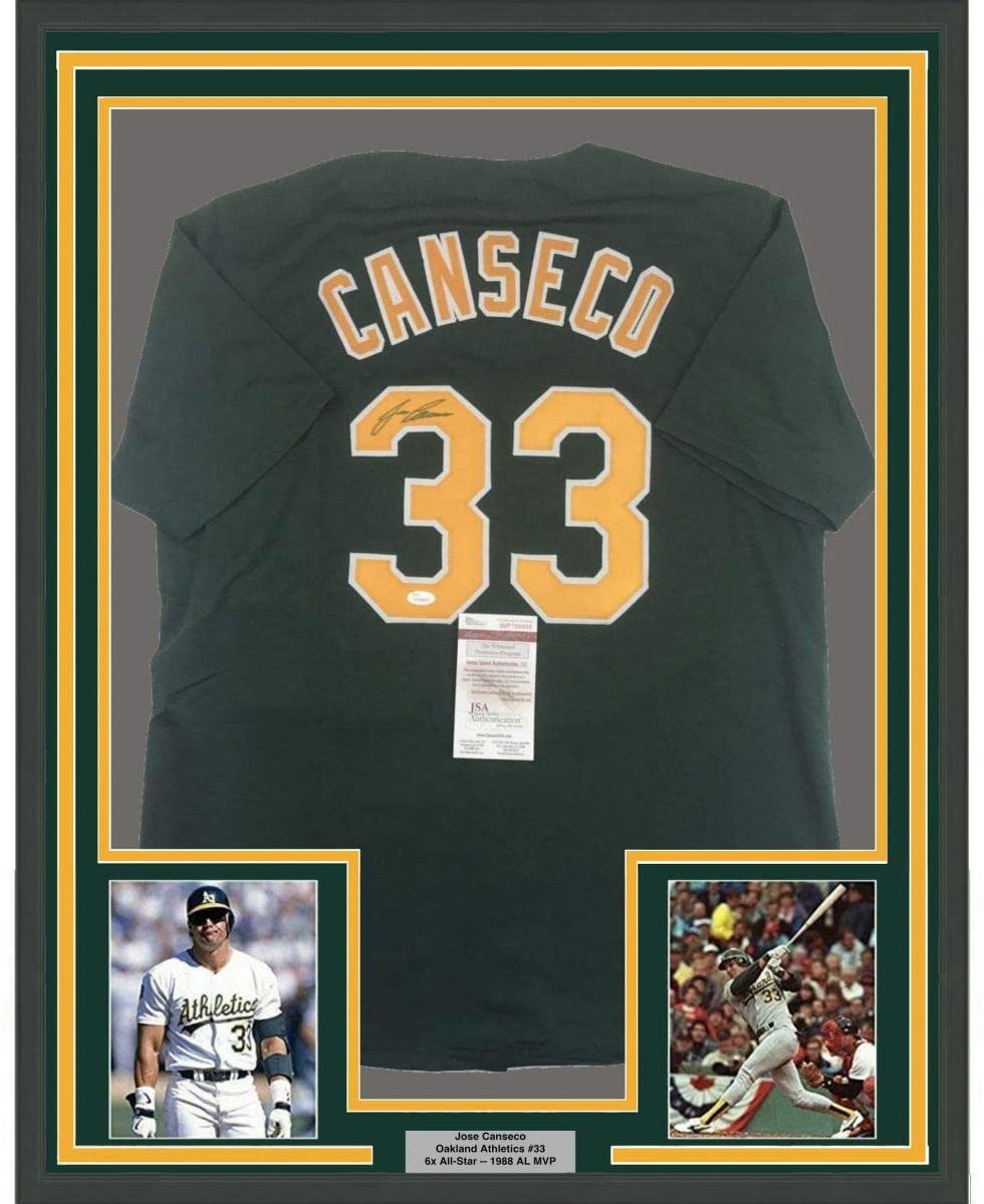 Camiseta de béisbol verde oscuro de Oakland, enmarcada, autografiada y firmada por José Canseco, 35 x 39, JSA COA