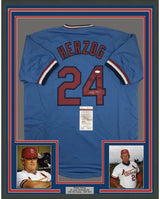 Camiseta de béisbol azul de San Luis, enmarcada, autografiada y firmada por Whitey Herzog, 35 x 39, JSA COA