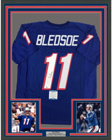 Framed Autographed/Signed Drew Bledsoe 35x39 New England Patriots Blue Football Jersey Beckett BAS COA