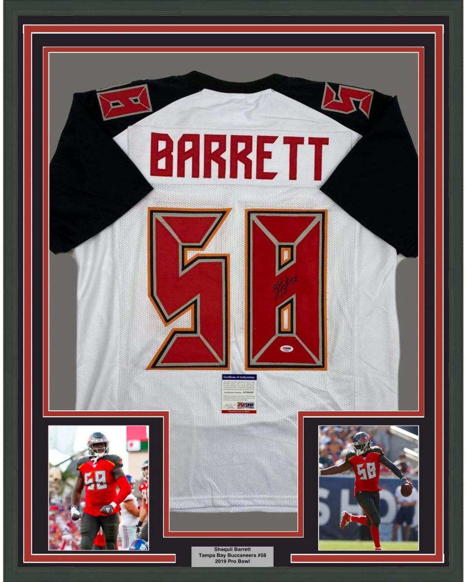 Camiseta de fútbol americano de Tampa Bay, blanca, enmarcada, autografiada y firmada por Shaquil Barrett, 35 x 39, certificado de autenticidad (PSA/DNA)