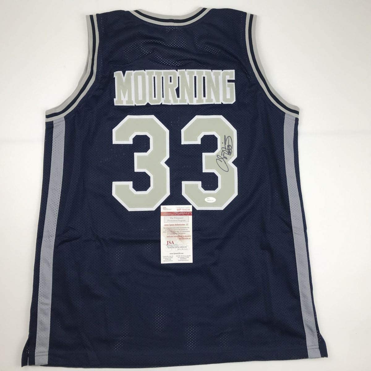 Camiseta de baloncesto universitaria azul de Georgetown de Alonzo Mourning autografiada y firmada por JSA COA