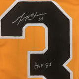 Camiseta de hockey amarilla de Boston, enmarcada, autografiada y firmada por Gerry Cheevers, HOF 85, 35 x 39, JSA COA