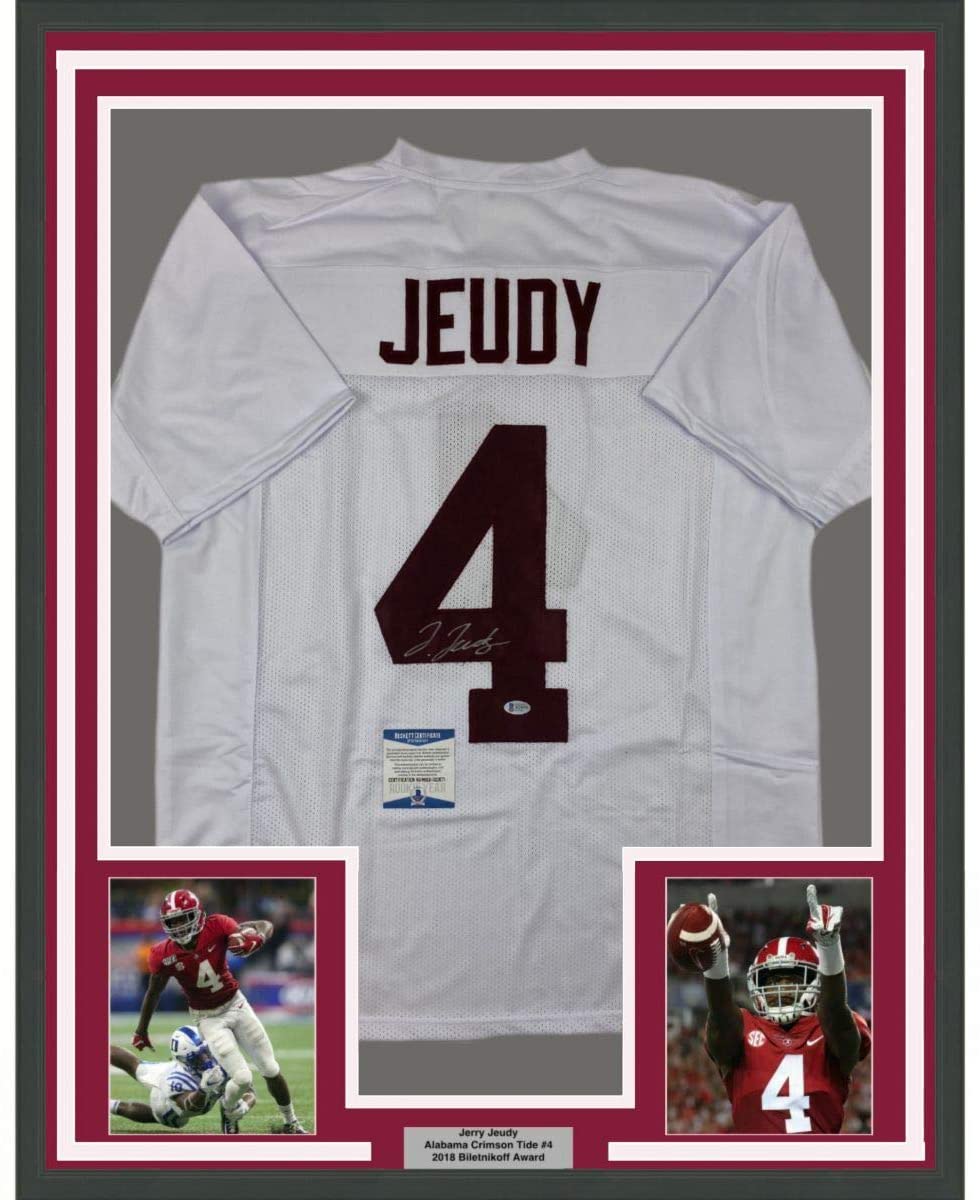Camiseta de fútbol americano universitario de Alabama, blanca, enmarcada, autografiada y firmada por Jerry Jeudy, 35 x 39, Beckett BAS COA