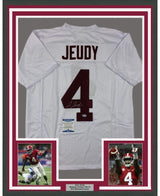 Camiseta de fútbol americano universitario de Alabama, blanca, enmarcada, autografiada y firmada por Jerry Jeudy, 35 x 39, Beckett BAS COA