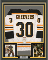 Framed Autographed/Signed Gerry Cheevers HOF 85 35x39 Boston White Hockey Jersey JSA COA