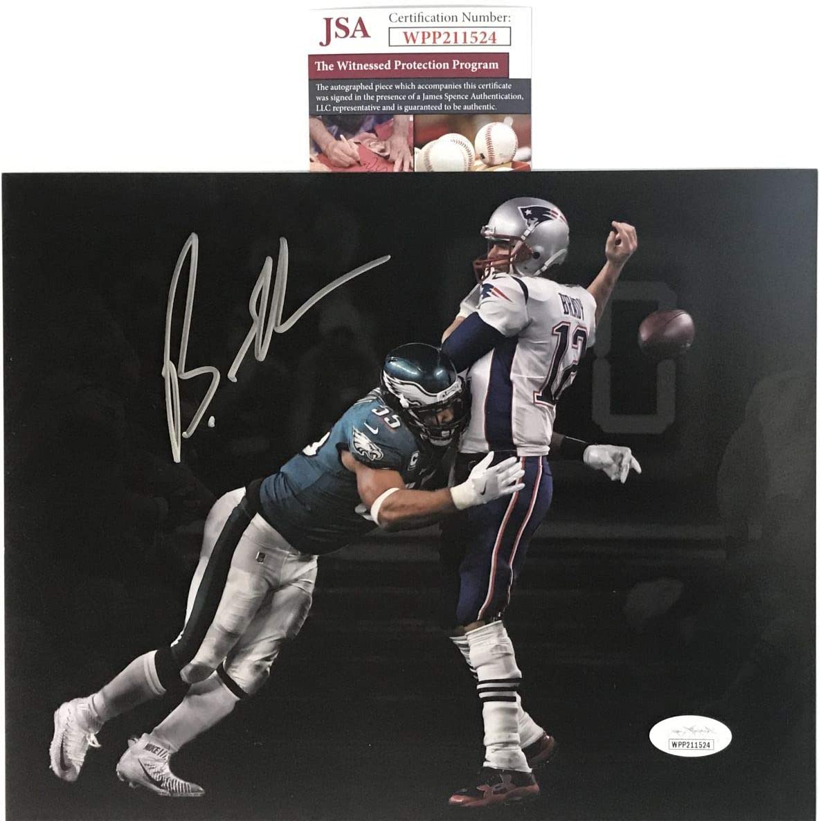 Foto de fútbol americano de 8x10 de los Philadelphia Eagles, autografiada y firmada por Brandon Graham, ganadora del partido, captura, balón suelto contra Tom Brady, Super Bowl LII 52 Champions, JSA COA