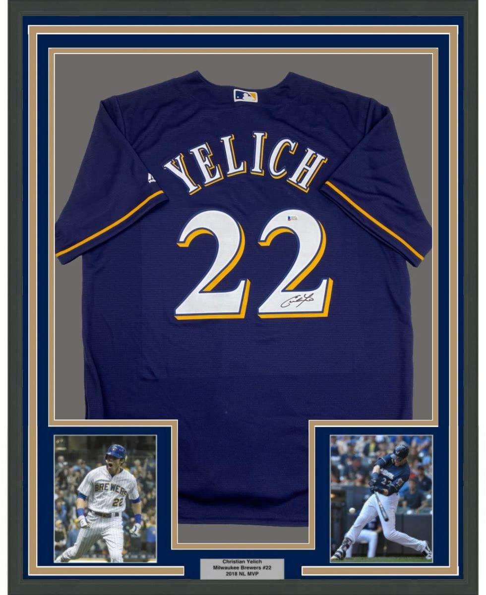 Camiseta de béisbol azul Milwaukee Beckett BAS COA enmarcada, autografiada y firmada por Christian Yelich, 35 x 39