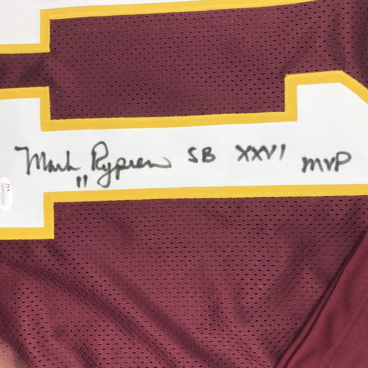 Camiseta de fútbol americano SB XXVI MVP de Washington, color burdeos, enmarcada, autografiada y firmada por Mark Rypien, 35 x 39, JSA COA