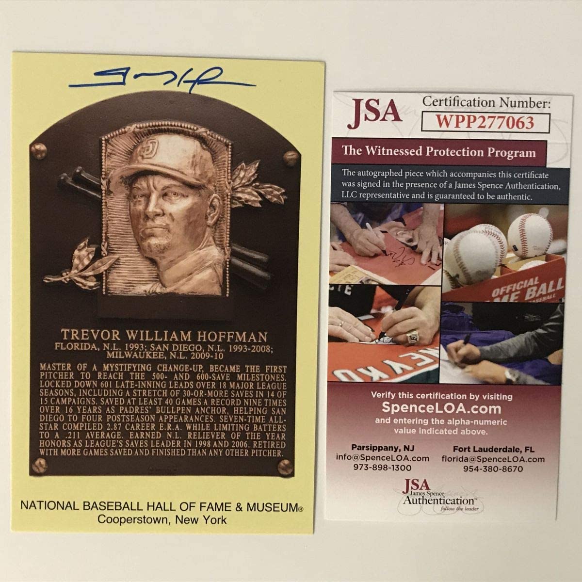 Postal autografiada/firmada por Trevor Hoffman, Salón de la Fama del Béisbol, JSA COA