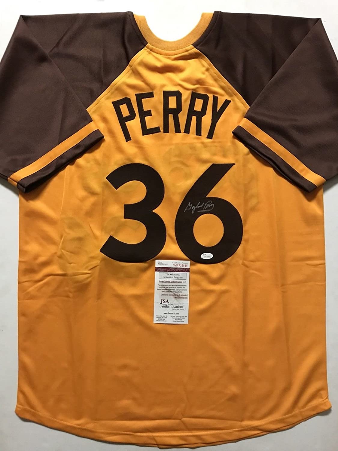 Camiseta de béisbol retro amarilla de San Diego de Gaylord Perry autografiada y firmada por JSA COA