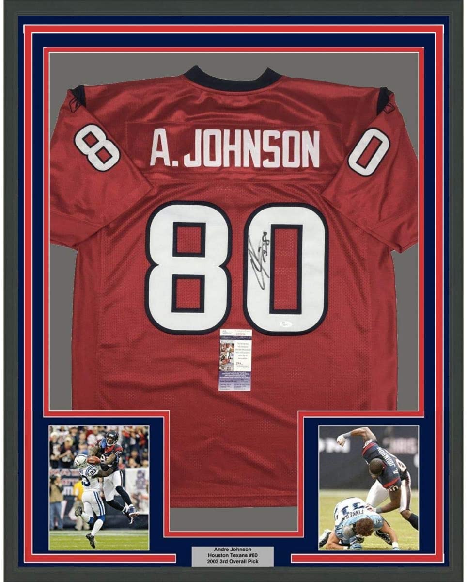 Camiseta de fútbol americano roja de los Houston Texans, enmarcada, autografiada y firmada por Andre Johnson, 35 x 39, JSA COA