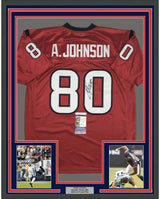 Camiseta de fútbol americano roja de los Houston Texans, enmarcada, autografiada y firmada por Andre Johnson, 35 x 39, JSA COA