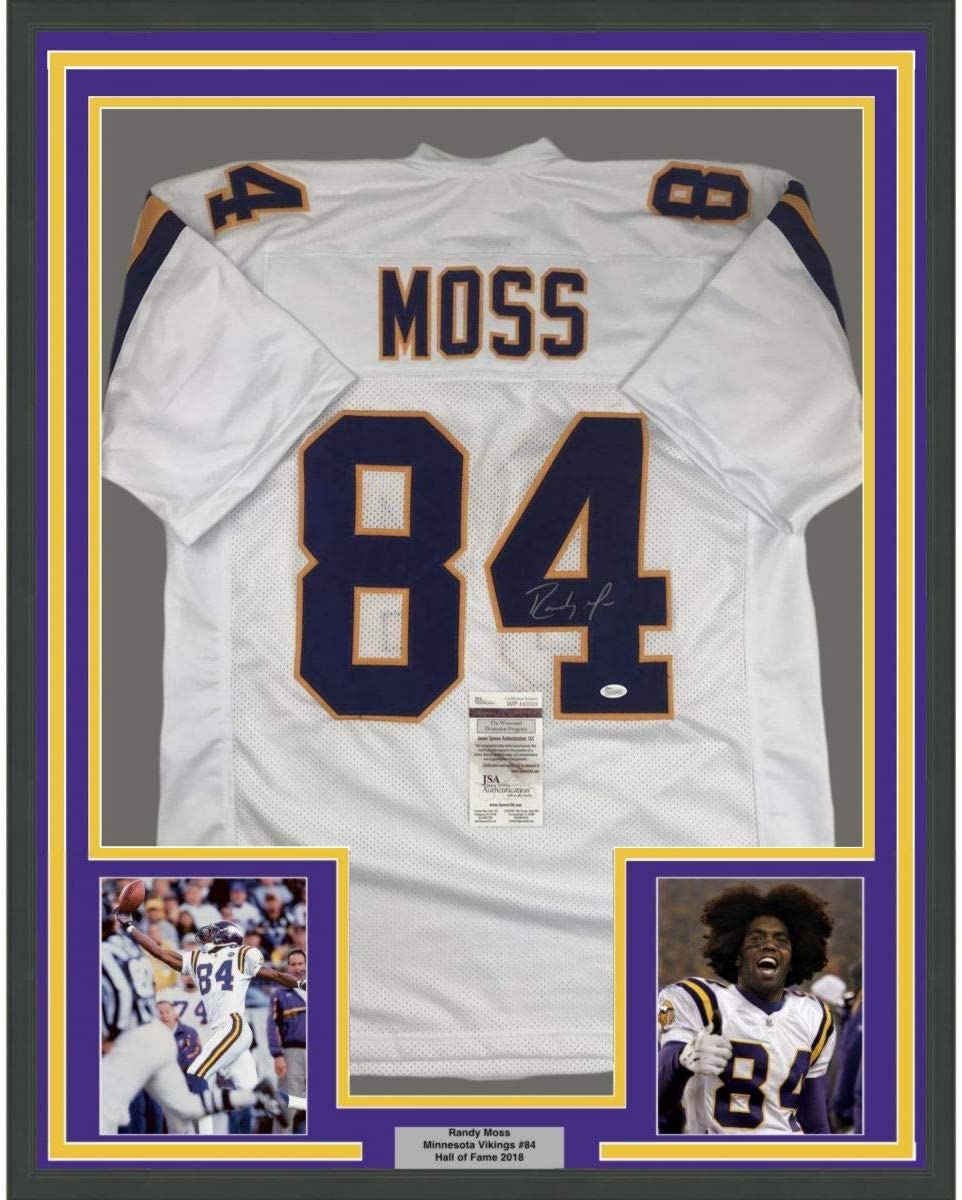 Camiseta de fútbol americano de Minnesota, blanca, enmarcada, autografiada y firmada por Randy Moss, 35 x 39, JSA COA