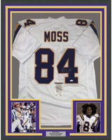 Camiseta de fútbol americano de Minnesota, blanca, enmarcada, autografiada y firmada por Randy Moss, 35 x 39, JSA COA