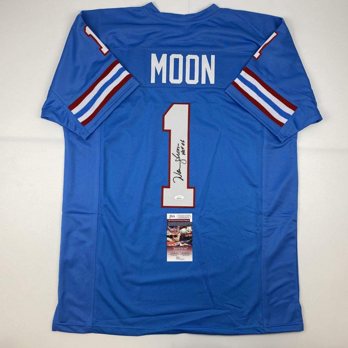 Camiseta de fútbol americano azul Houston del Salón de la Fama 06 de Warren Moon, autografiada y firmada por JSA COA