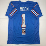 Camiseta de fútbol americano azul Houston del Salón de la Fama 06 de Warren Moon, autografiada y firmada por JSA COA