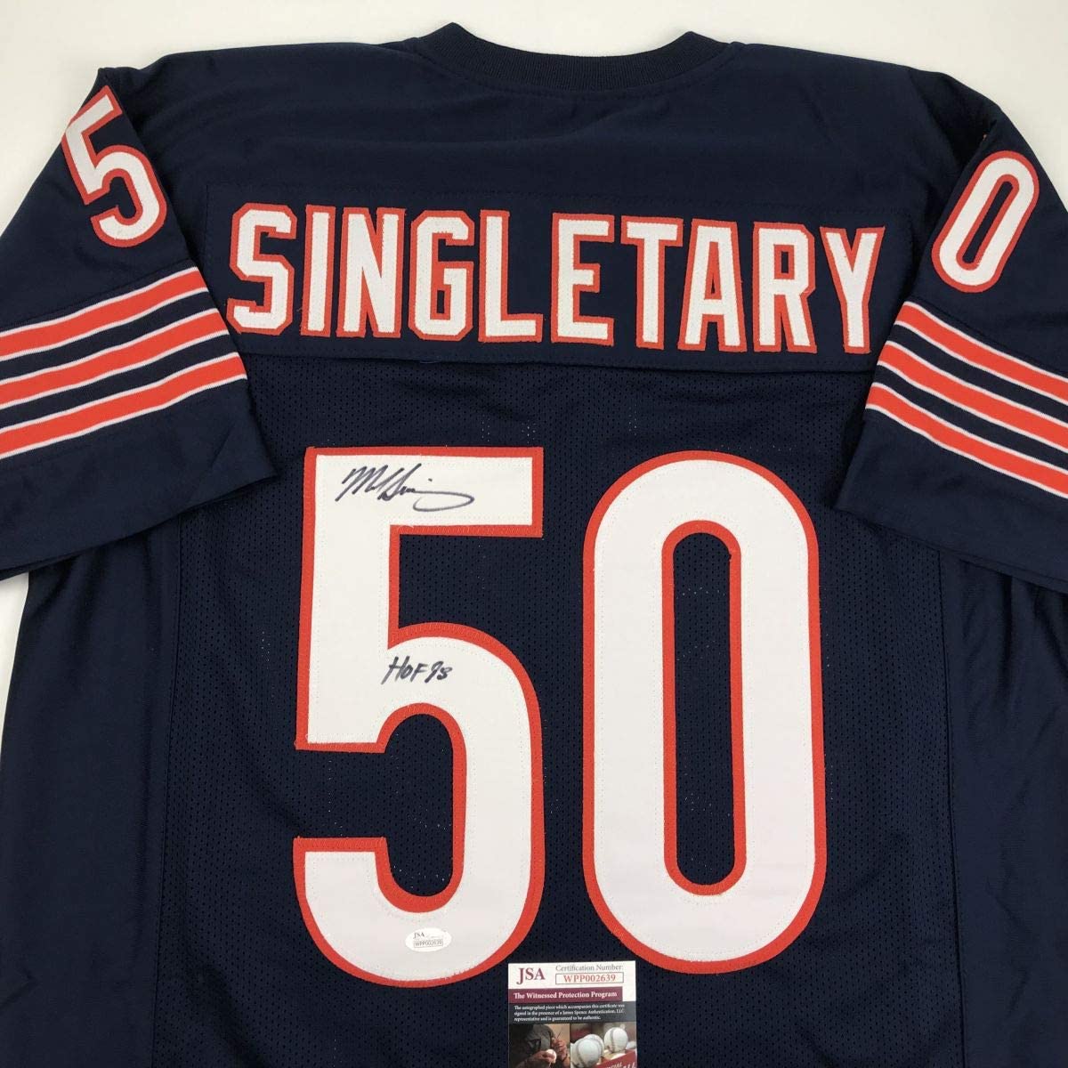 Camiseta de fútbol americano azul Chicago del Salón de la Fama del 98 autografiada/firmada por Mike Singletary (JSA COA)