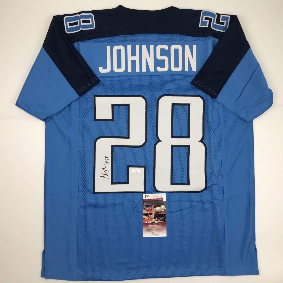 Camiseta de fútbol azul claro de Tennessee de Chris Johnson autografiada y firmada por JSA COA