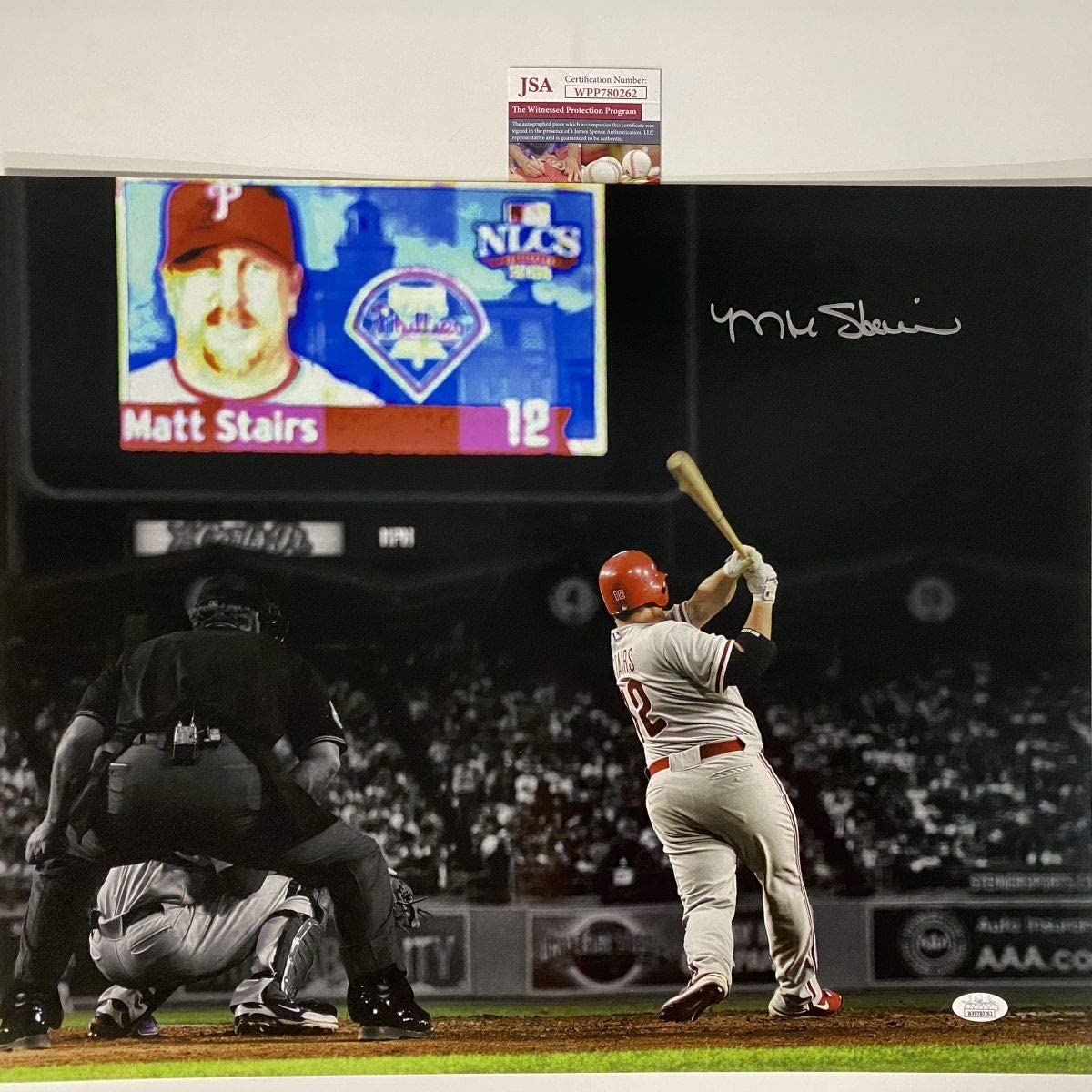 Foto de béisbol autografiada/firmada por Matt Stairs Moon Shot Philadelphia Phillies 16x20 JSA COA