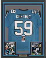 Framed Autographed/Signed Luke Kuechly 35x39 Carolina Blue Football Jersey JSA COA