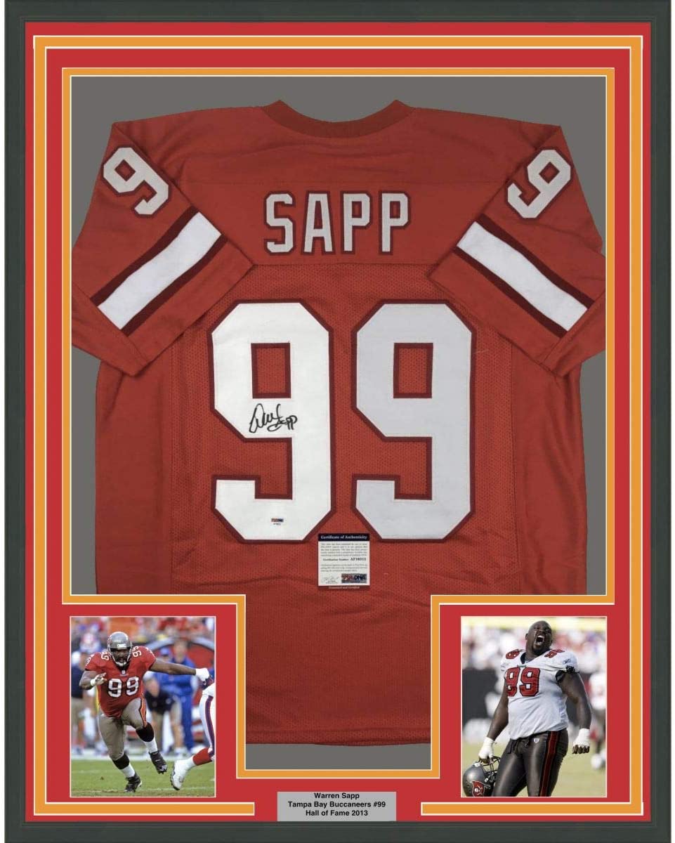 Camiseta de fútbol retro naranja de Tampa Bay, enmarcada, autografiada y firmada por Warren Sapp, 35 x 39, certificado de autenticidad (PSA/DNA)