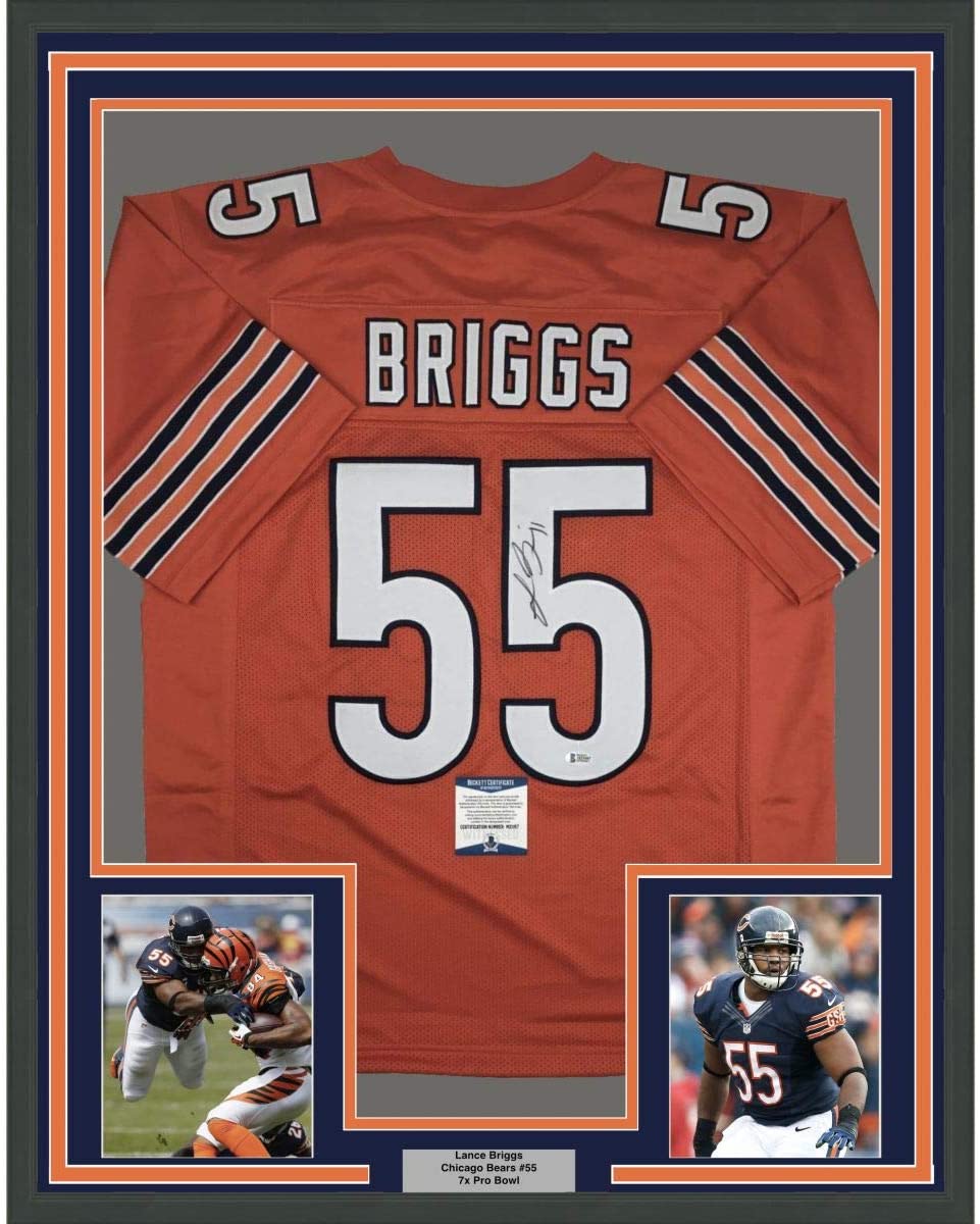 Camiseta de fútbol naranja de Chicago Beckett BAS COA enmarcada, autografiada y firmada por Lance Briggs, 35 x 39