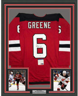 Camiseta de hockey roja de Nueva Jersey, enmarcada, autografiada y firmada por Andy Greene, 35 x 39, PSA/CÓDIGO DE AUTÉNTICO DE ADN